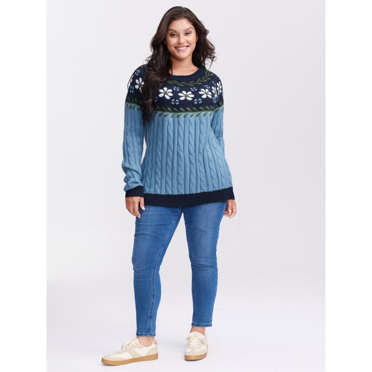 Plus Size Cable Knit Jacquard Floral Contrast Pullover LightBlue Women Playful Loose Long Sleeve Round Neck Casual Pullovers BloomChic 30/6X Product Image