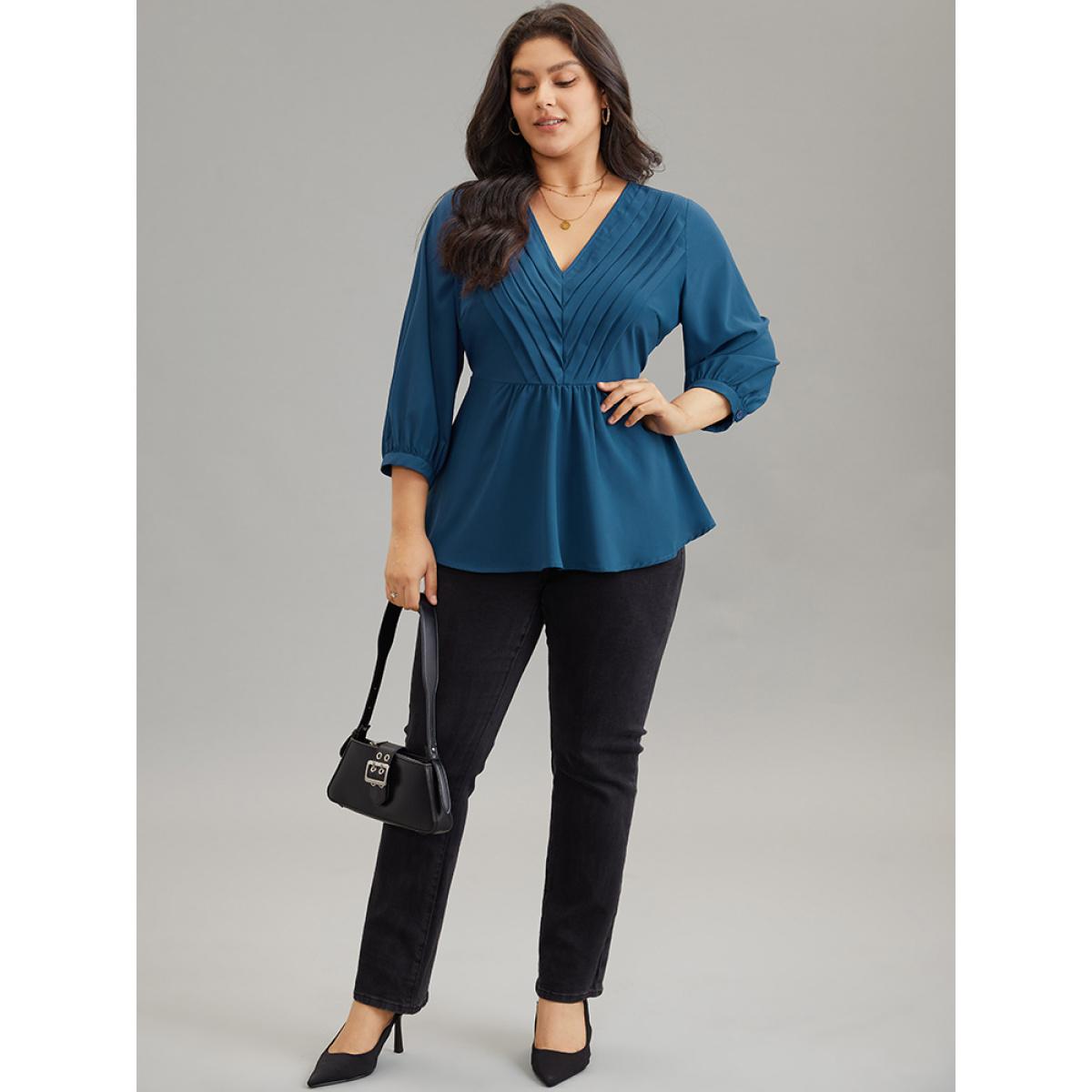 Plus Size Aegean Static-Free Elastic Waist Pleated Lantern Sleeve Blouse Women Office Elbow-length sleeve V-neck Office Blouses BloomChic 10/M Product Image