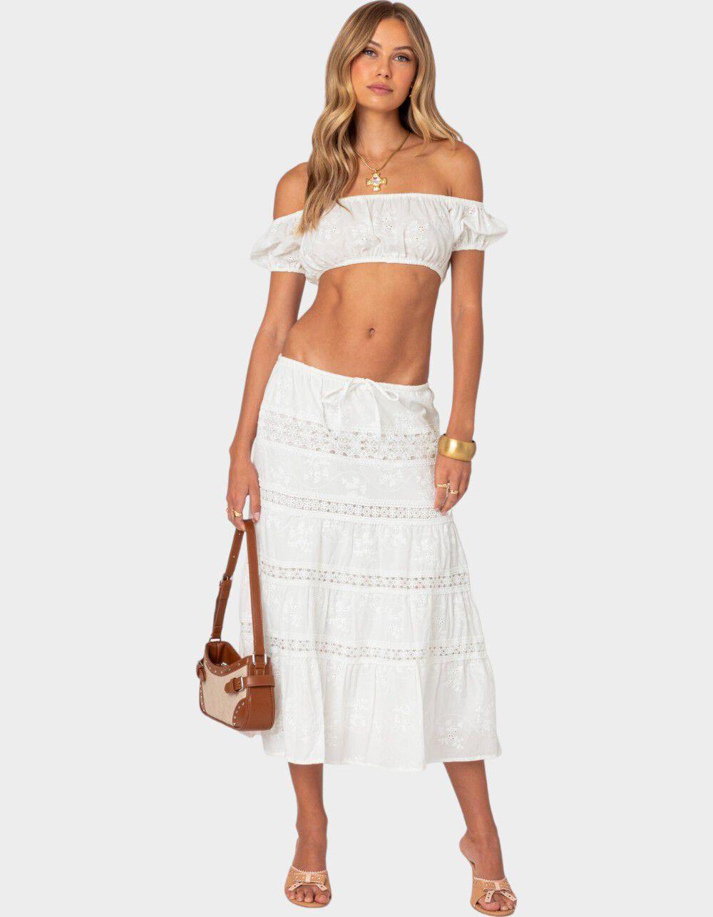 EDIKTED Tiered Cotton Lace Midi Skirt - WHITE Product Image