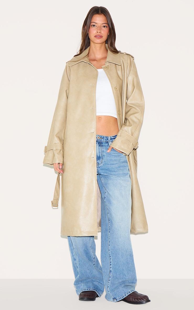 Cream Mid Length Faux Leather Trench Coat Product Image