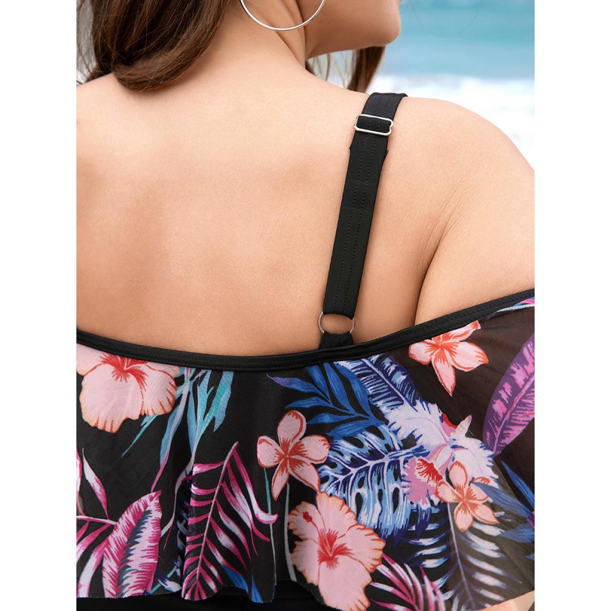 Plus Size Floral Patchwork Asymmetrical Ruffle Trim Crisscross One Piece Swimsuit Women's Swimwear Black Vacation Adjustable Straps Curve Bathing Suits High stretch One Pieces BloomChic 28/5X Product Image