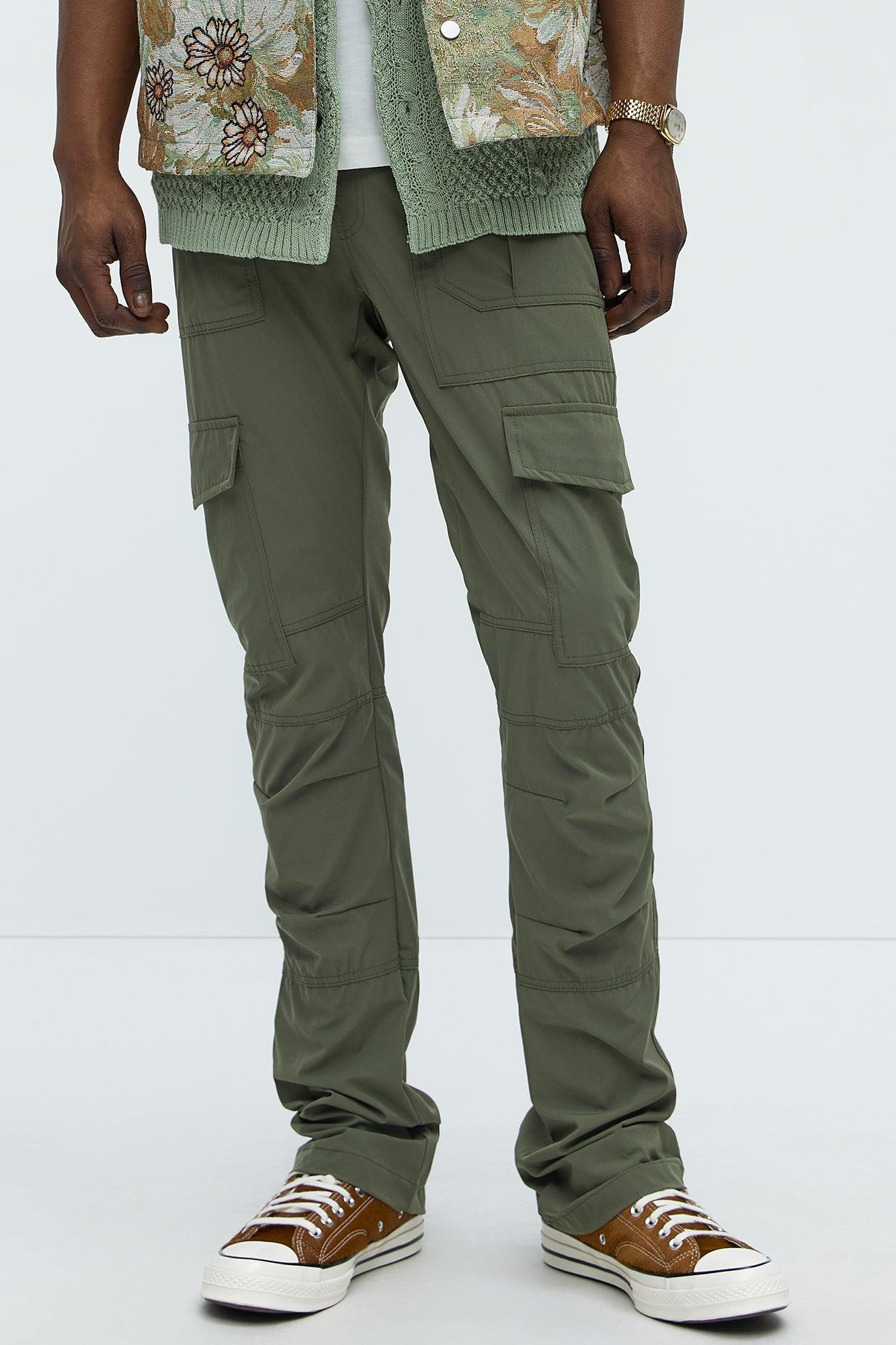 On Your Mind Stacked Slim Flare Nylon Pants - Olive Product Image