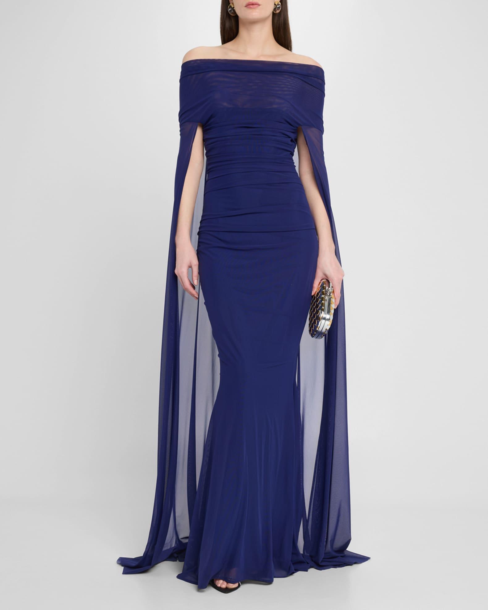 Off-The-Shoulder Ruched Mesh Cape Gown Product Image