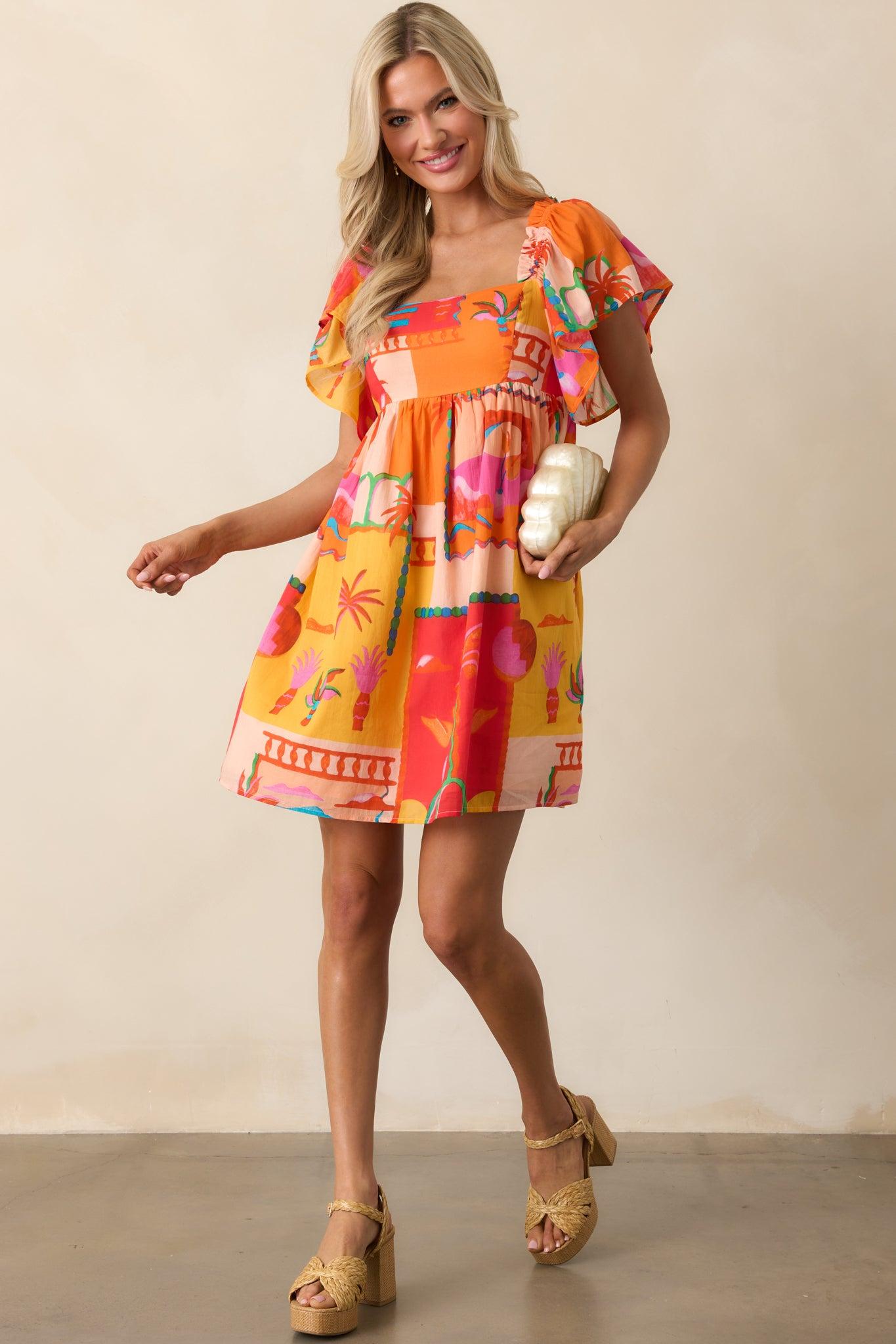 By The Shore Orange Tropical Print Cotton Mini Dress Product Image
