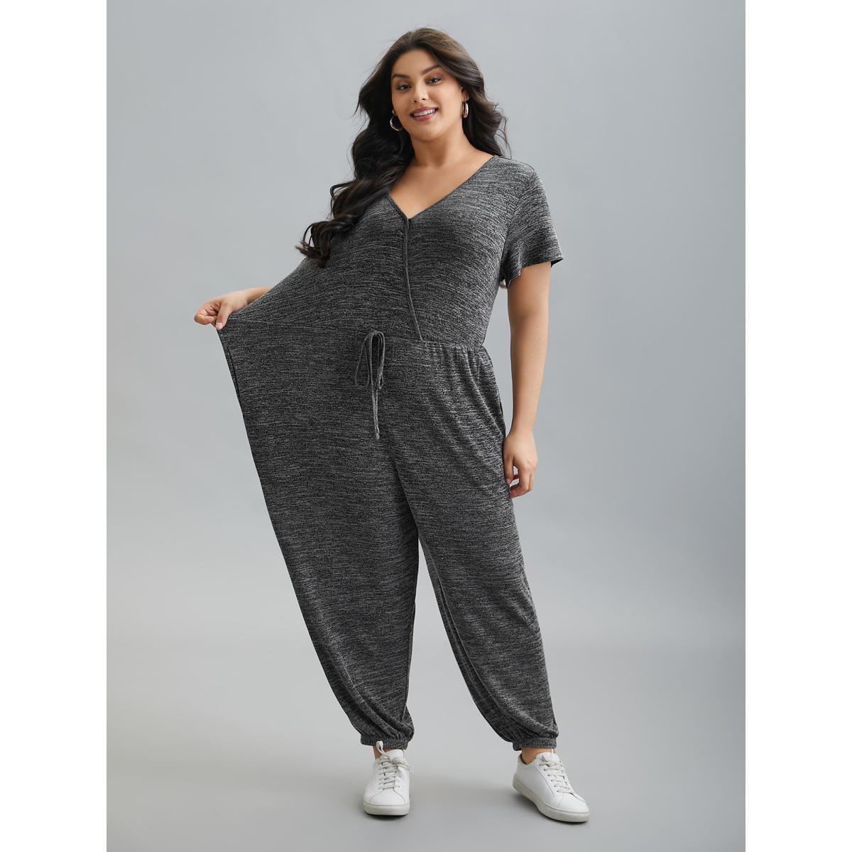 Plus Size DimGray Plain Wrap Drawstring Pocket Jumpsuit Women Leisure Short sleeve Overlap Collar Casual Loose Jumpsuits BloomChic 28/5X Product Image