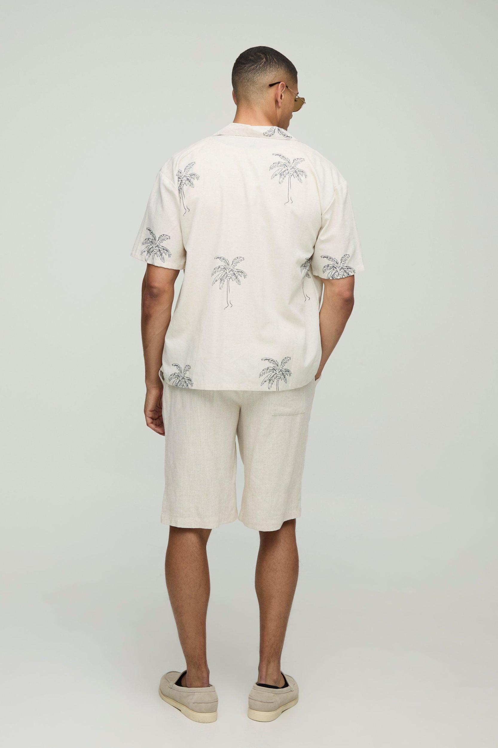 Oversized Linen Blend Palm Printed Short Sleeve Shirt | boohooMAN USA Product Image