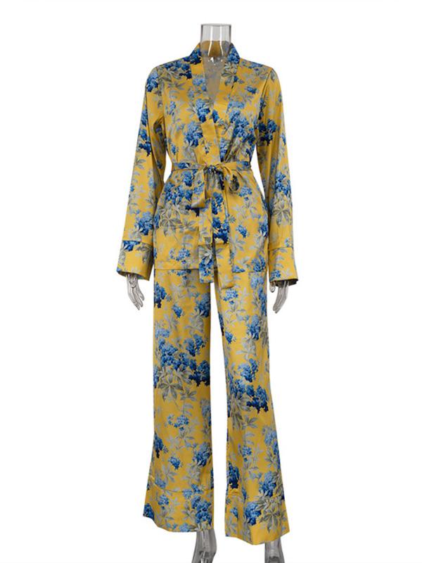 Loose Printed Split-Joint Deep V-Neck Lace-Up Blouse + Drawstring Elasticity Pants Trousers Two Pieces Set Product Image