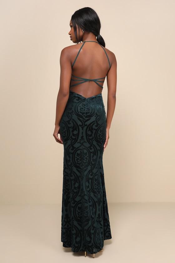 Marvelous Icon Emerald Velvet Glitter Backless Maxi Dress Product Image