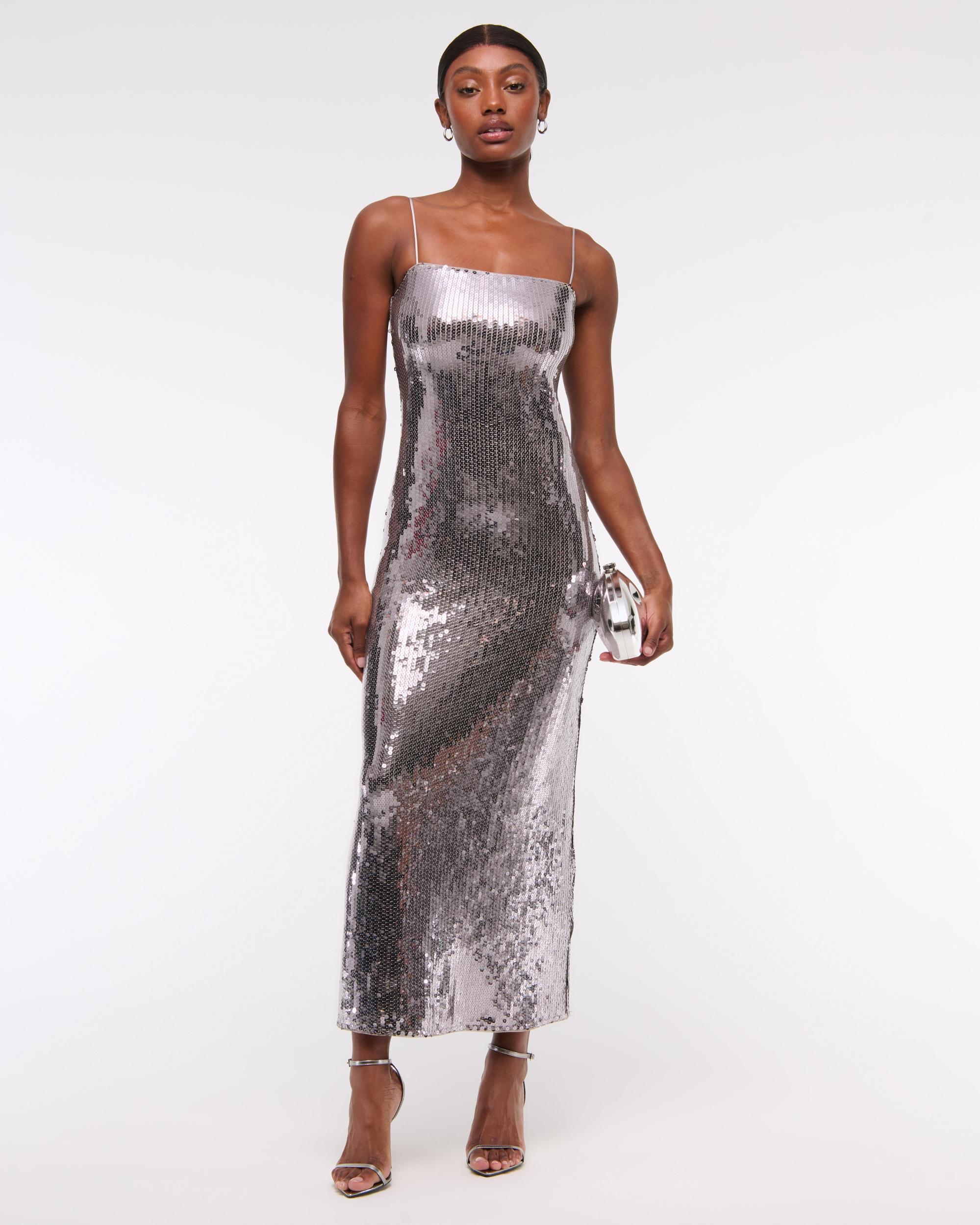 Sequin Straight Neck Midi Dress Product Image