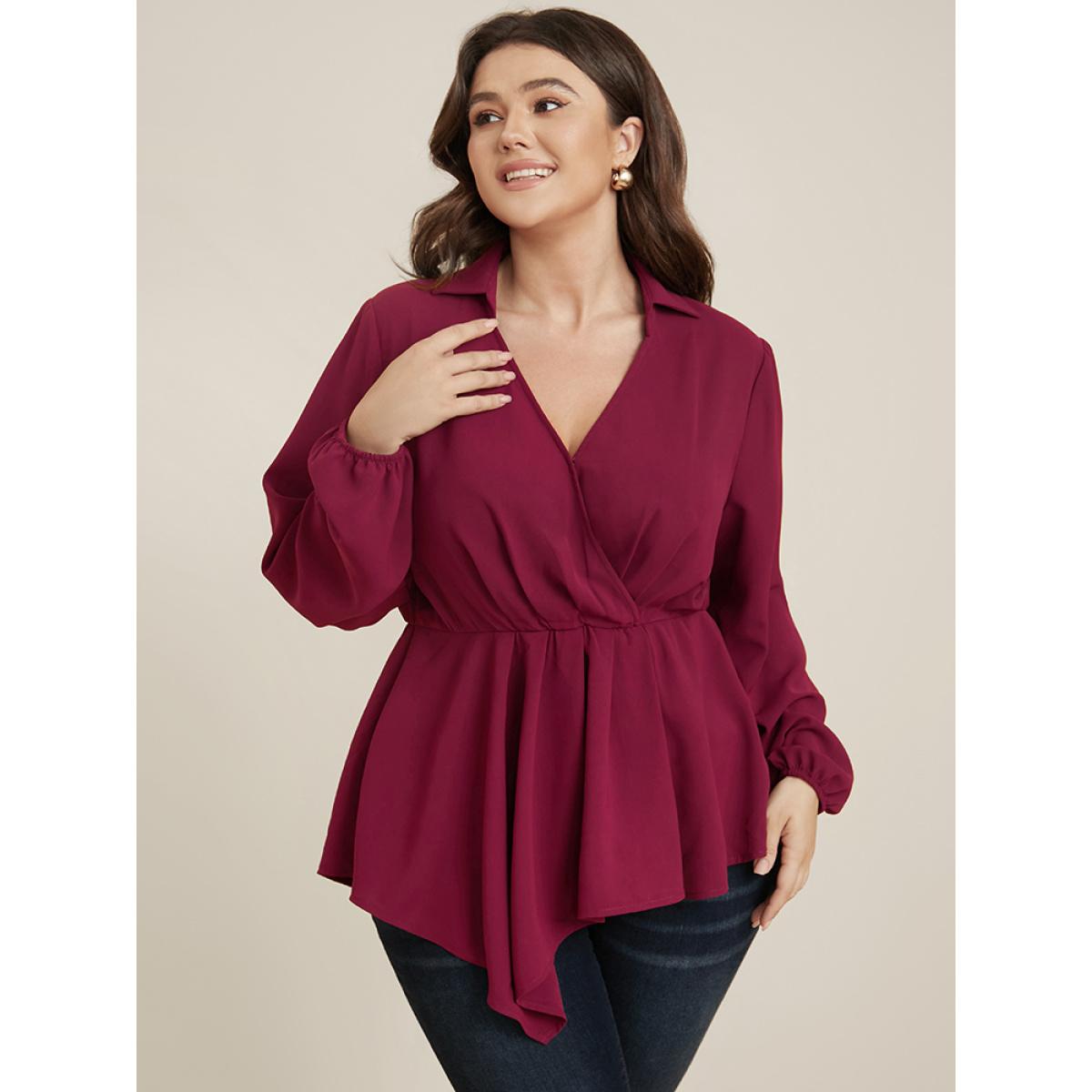 Plus Size Scarlet Solid Lantern Sleeve Surplice Neck Asymmetrical Hem Blouse Women Office Long Sleeve V-neck Office Blouses BloomChic 14-16/1X Product Image