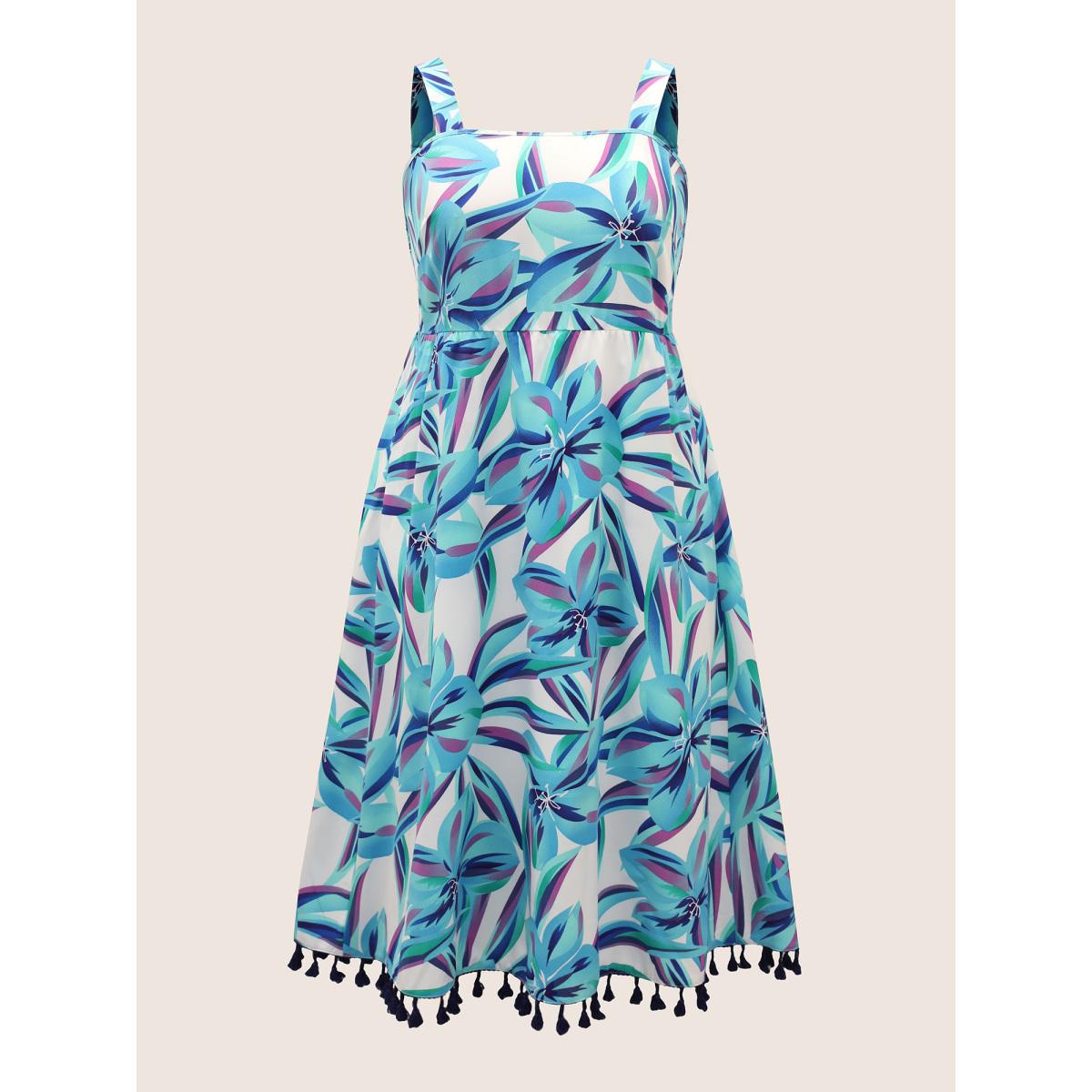 Plus Size Floral Tassel Trim Elastic Waist Pocket Dress Cerulean Women Resort Tie knot Non Sleeveless Curvy BloomChic 22-24/3X Product Image