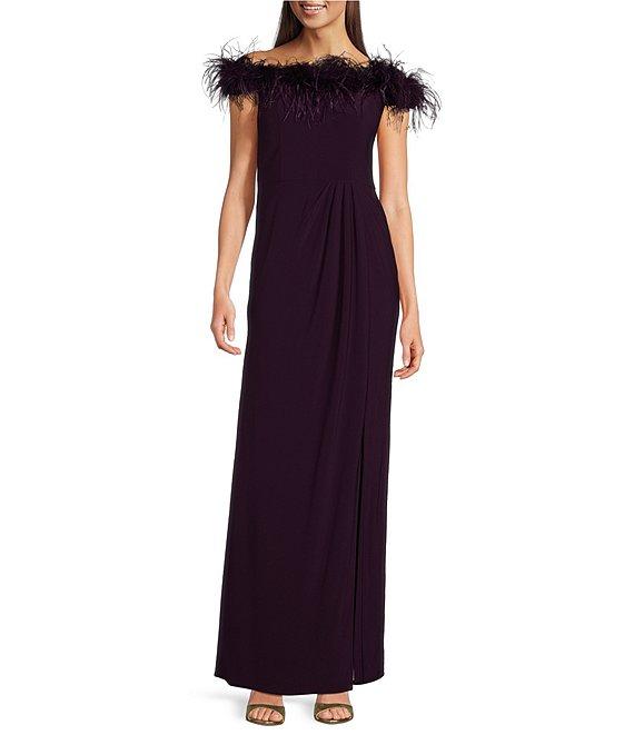 Alex Evenings Stretch Matte Jersey Feather Off-the-Shoulder Cap Sleeve Ruched Front Slit Gown Product Image
