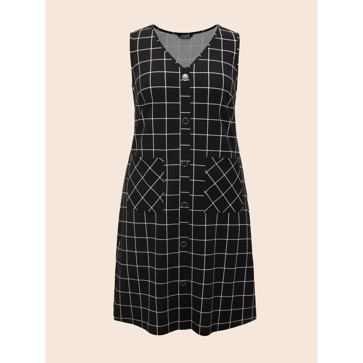 Plus Size Plaid V Neck Button Detail Dress Black Women Casual Button V-neck Sleeveless Curvy BloomChic 22-24/3X Product Image