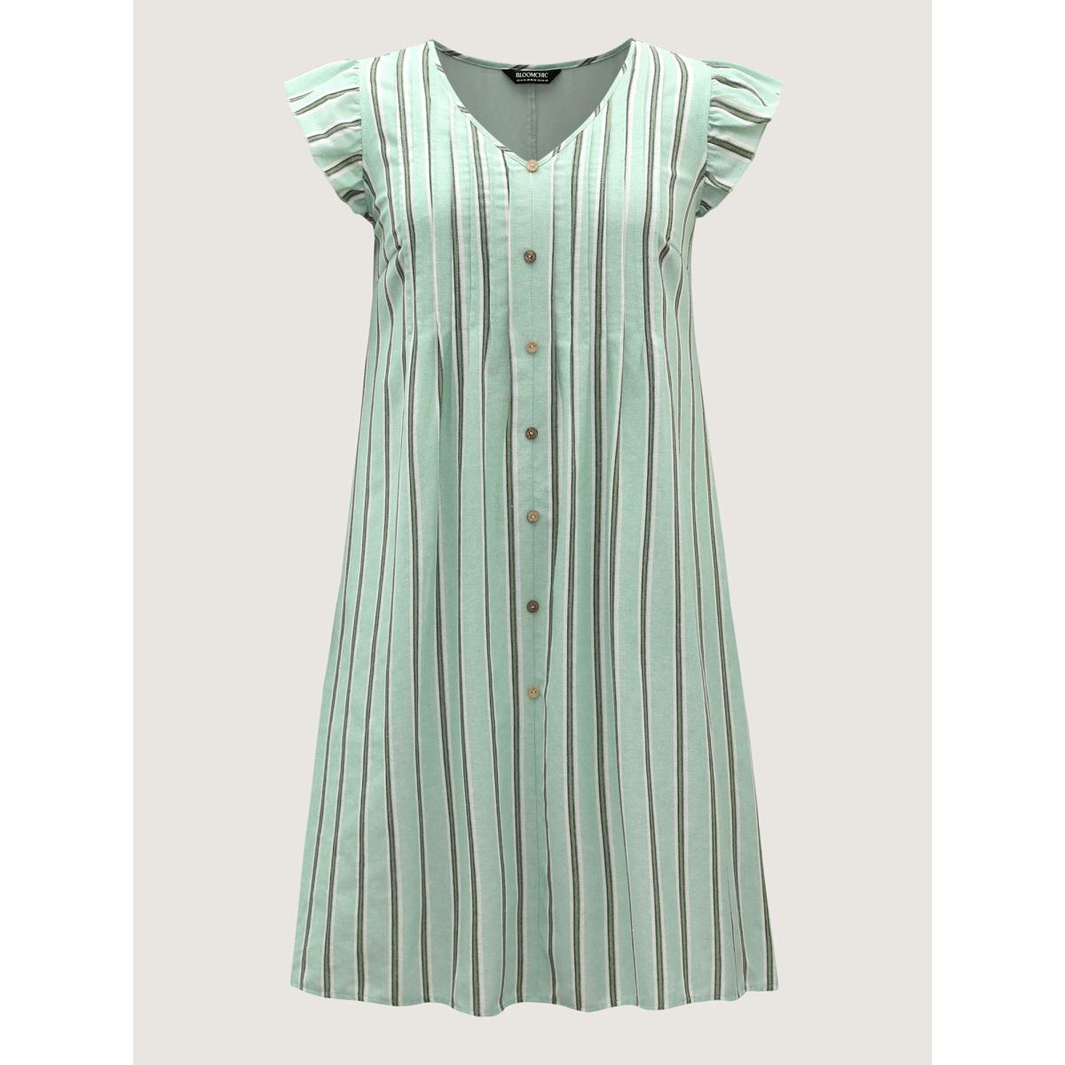 Plus Size Pleated Front Stripes Pockets Midi Dress Greenbean Women V-neck Cap Sleeve Curvy BloomChic 26/4X Product Image