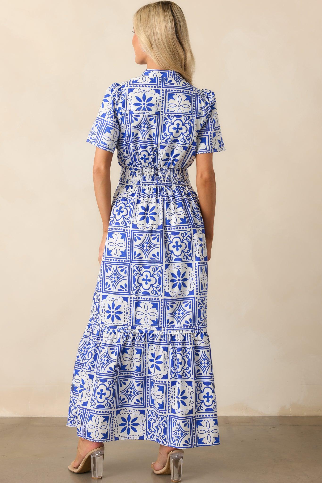 Serene Whispers Blue Sicilian Tile Print Cotton Maxi Dress Product Image