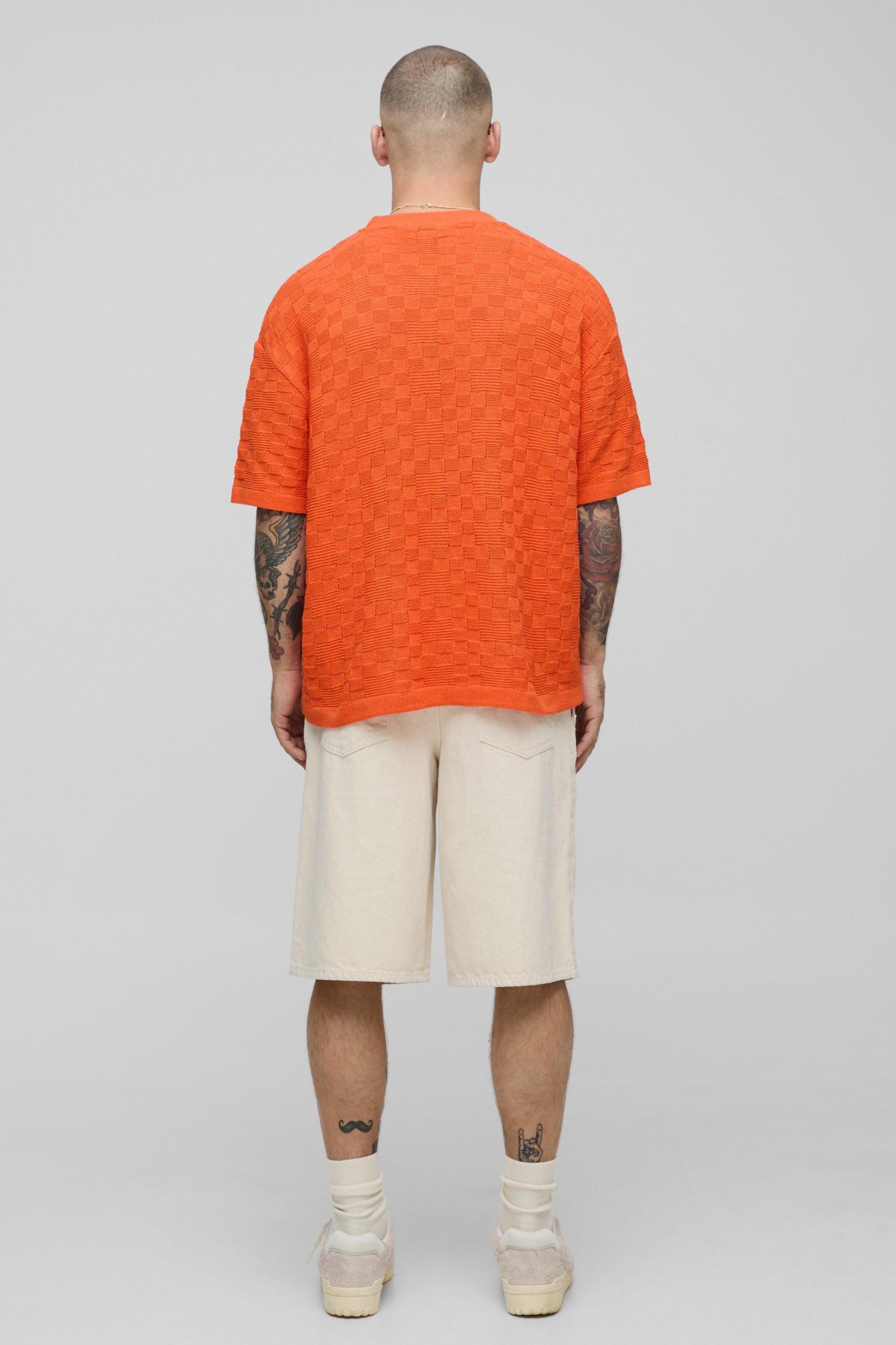 Oversized Geometric Stitch Knitted T-Shirt | boohooMAN USA Product Image
