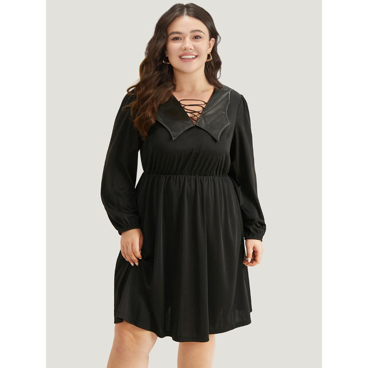 Plus Size Halloween Plain PU Crisscross Patchwork Pocket Dress Black Women Elegant Elastic cuffs V-neck Long Sleeve Curvy Knee Dress BloomChic 12/L Product Image