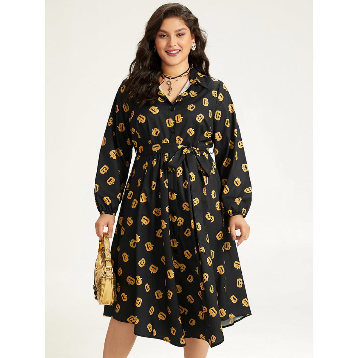 Plus Size Halloween Pumpkin Print Shirt Collar Belted Button Dress Black Women Office Elastic cuffs Shirt collar Long Sleeve Curvy Midi Dress BloomChic 12/L Product Image