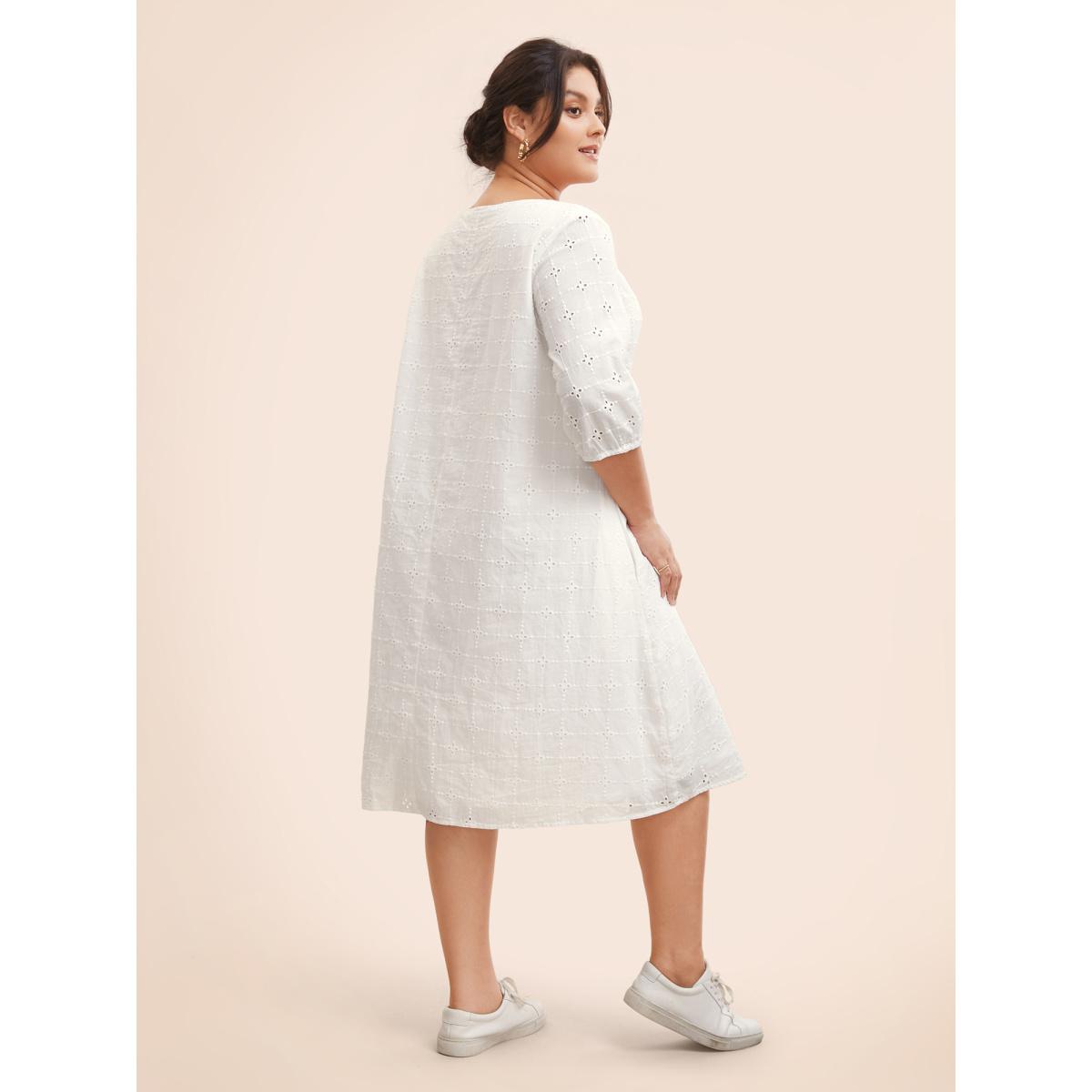 Plus Size Solid Broderie Anglaise Tie Knot Dress Originalwhite Women Casual Tie knot Round Neck Elbow-length sleeve Curvy BloomChic 10/M Product Image