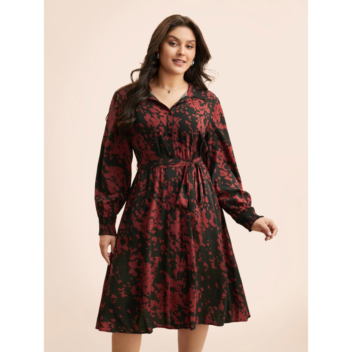 Plus Size Silhouette Floral Print Shirt Collar Belted Dress BlackFlower Women Elegant Belted Shirt collar Long Sleeve Curvy BloomChic 10/M Product Image