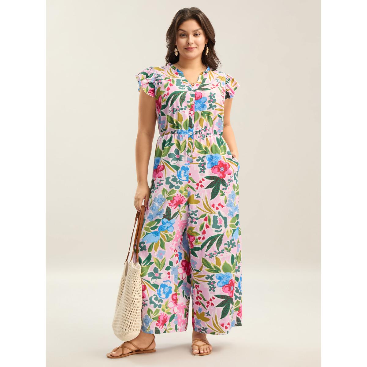 Plus Size Blush Sunkissed Floral Print Button Wide-Leg Jumpsuit Women Resort Cap Sleeve Notched collar Vacation Loose Jumpsuits BloomChic 14-16/1X Product Image