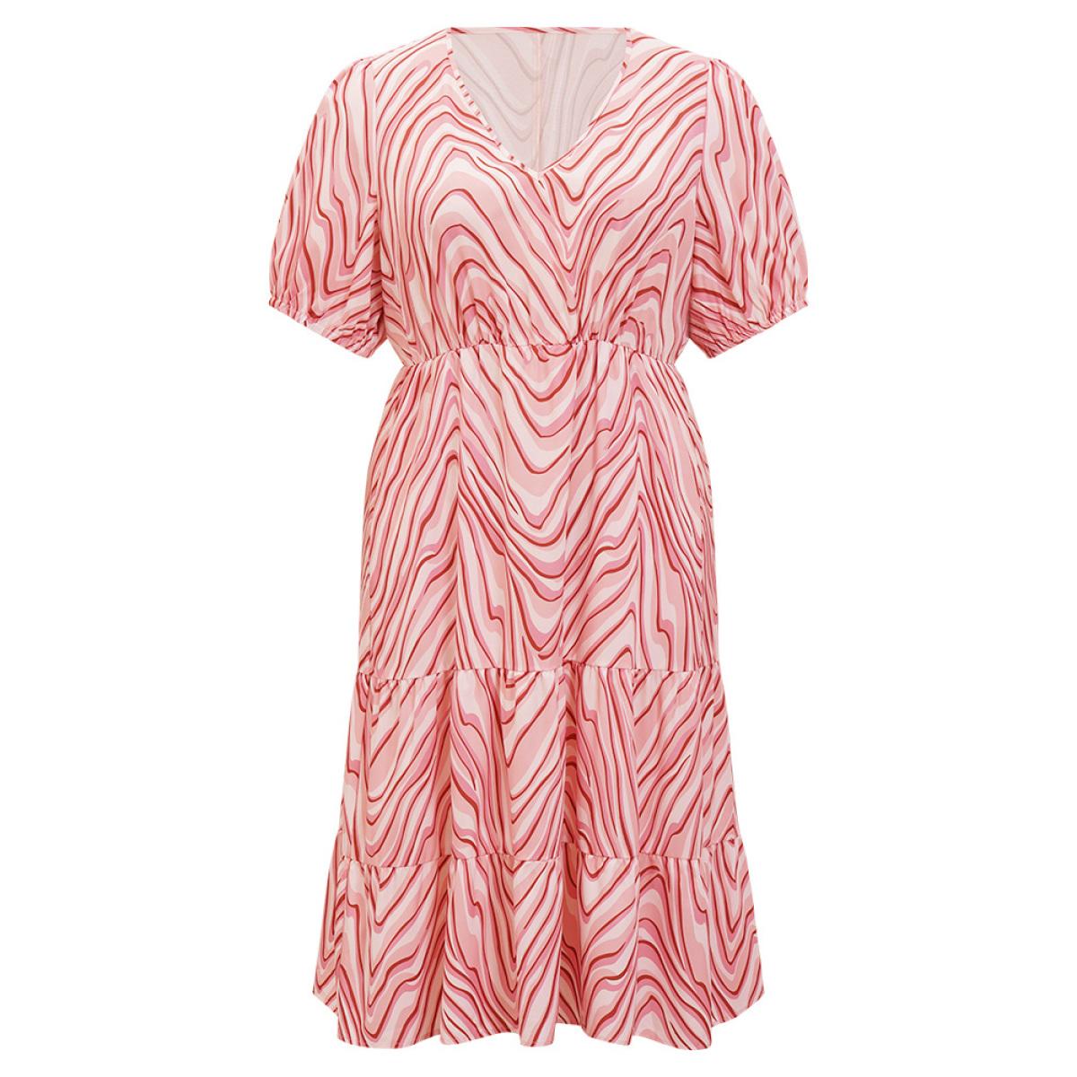 Plus Size Zebra Print Puff Sleeve Pocket Layered Hem Dress Crepe Women Elegant Tiered V-neck Short sleeve Curvy Midi Dress BloomChic 18-20/2X Product Image