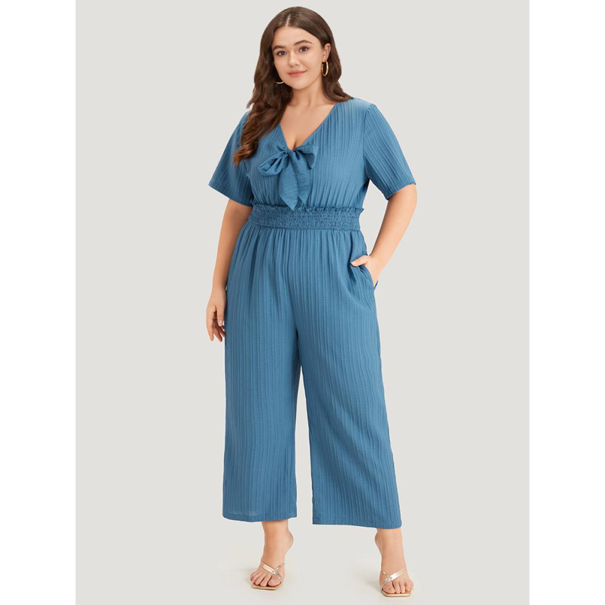 Plus Size Cerulean Textured Bowknot V Neck Shirred Pocket Jumpsuit Women Elegant Half Sleeve V-neck Dailywear Loose Jumpsuits BloomChic 30/6X Product Image