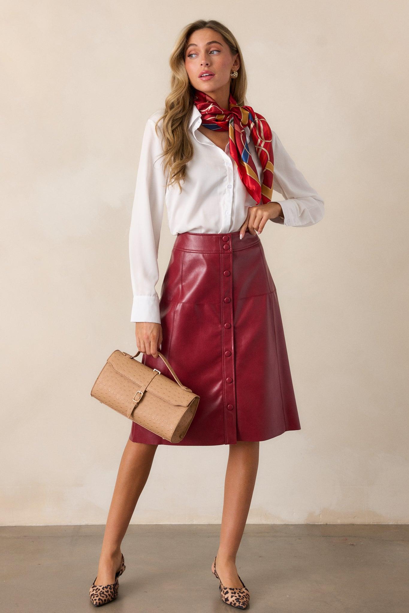 Make It Count Burgundy Faux Leather Midi Skirt Product Image