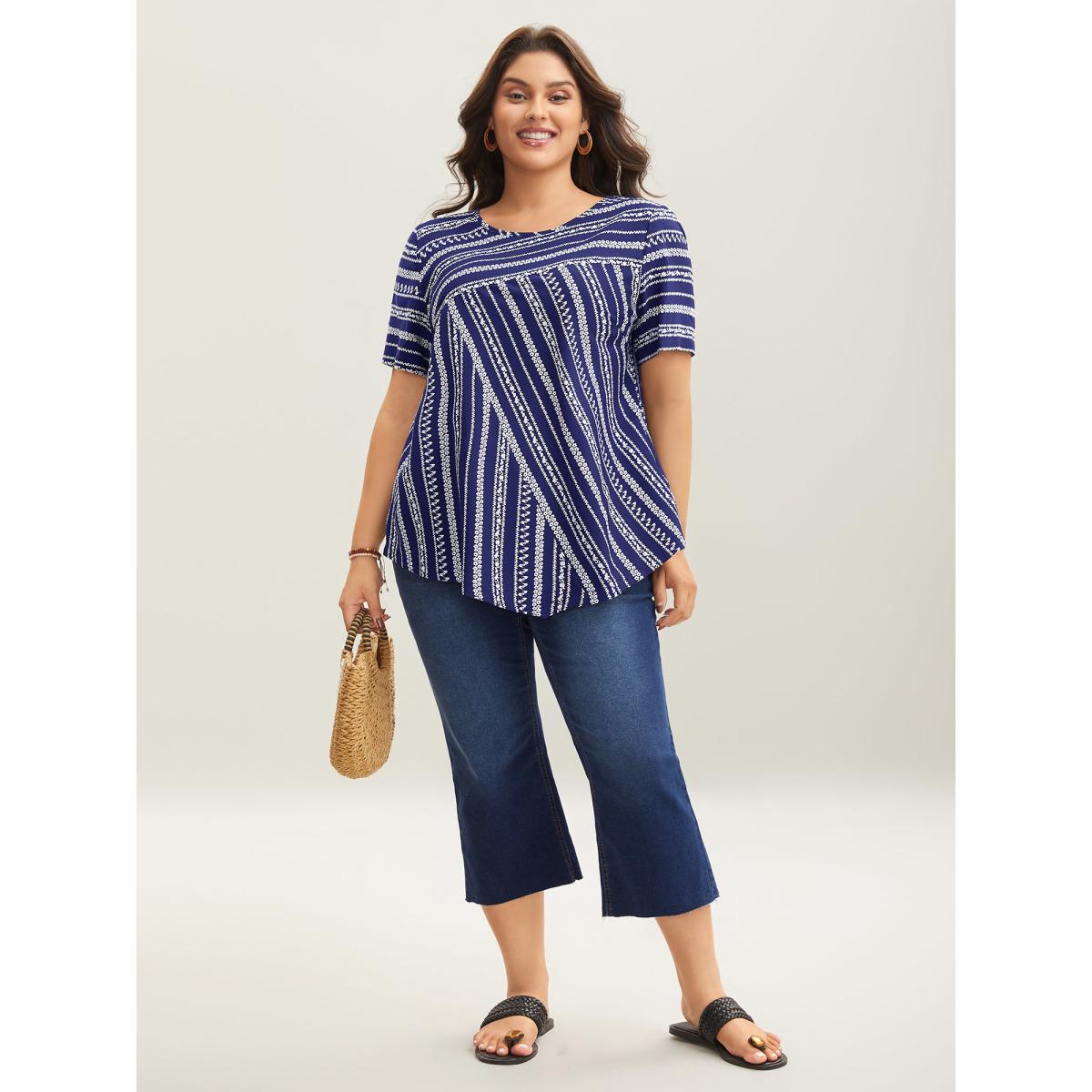 Plus Size DarkBlue Striped Overlap Print Curvy Hem Blouse Women Resort Short sleeve Round Neck Vacation Blouses BloomChic 10/M Product Image