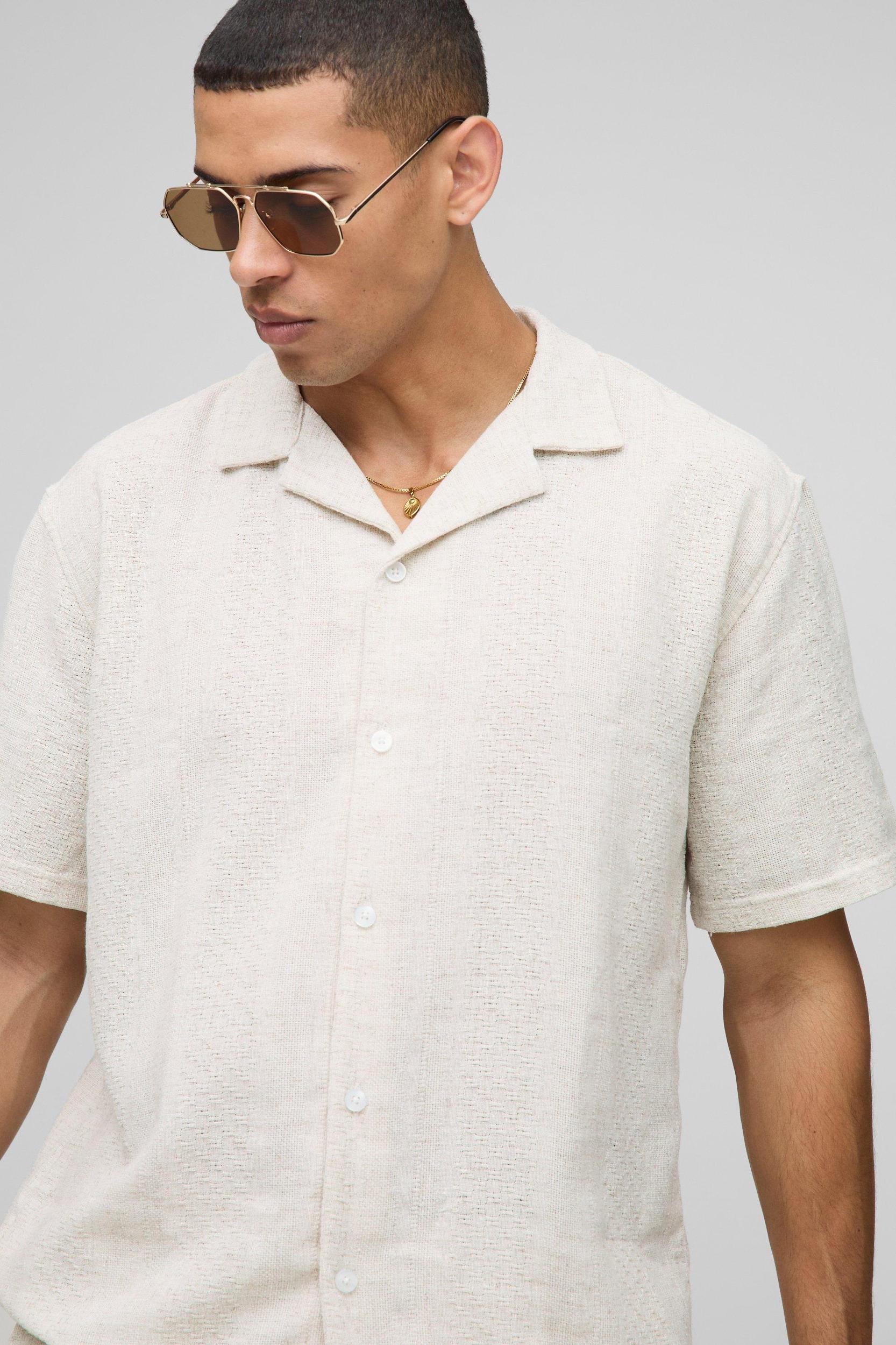 Oversized Linen Look Textured Revere Shirt & Short Set | boohooMAN USA Product Image
