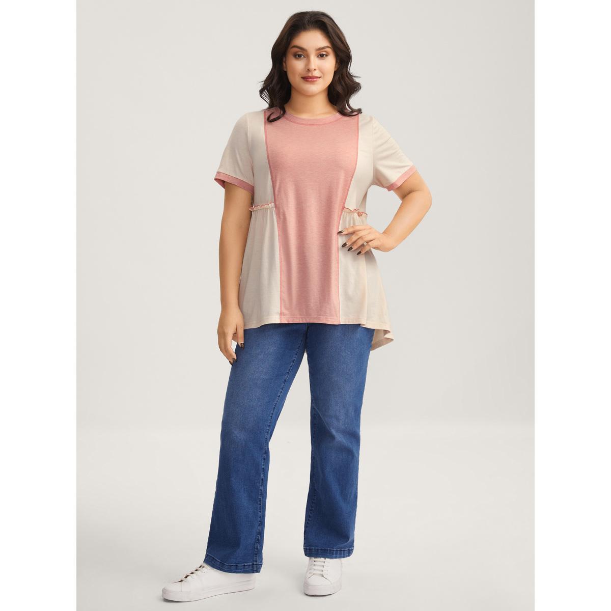 Plus Size Color Contrast High Low Hem T-Shirt Nudepink Women Gathered Round Neck Everyday-Casual T-shirts BloomChic 22-24/3X Product Image