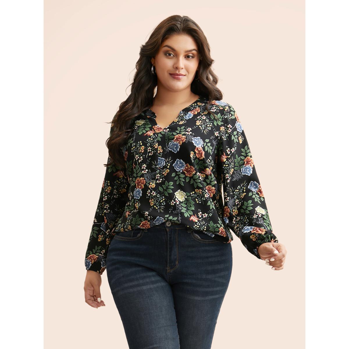 Plus Size Black Floral Notched Pleated Lantern Sleeve Blouse Women Elegant Extra Long Sleeve Notched collar Everyday Blouses BloomChic 12/L Product Image