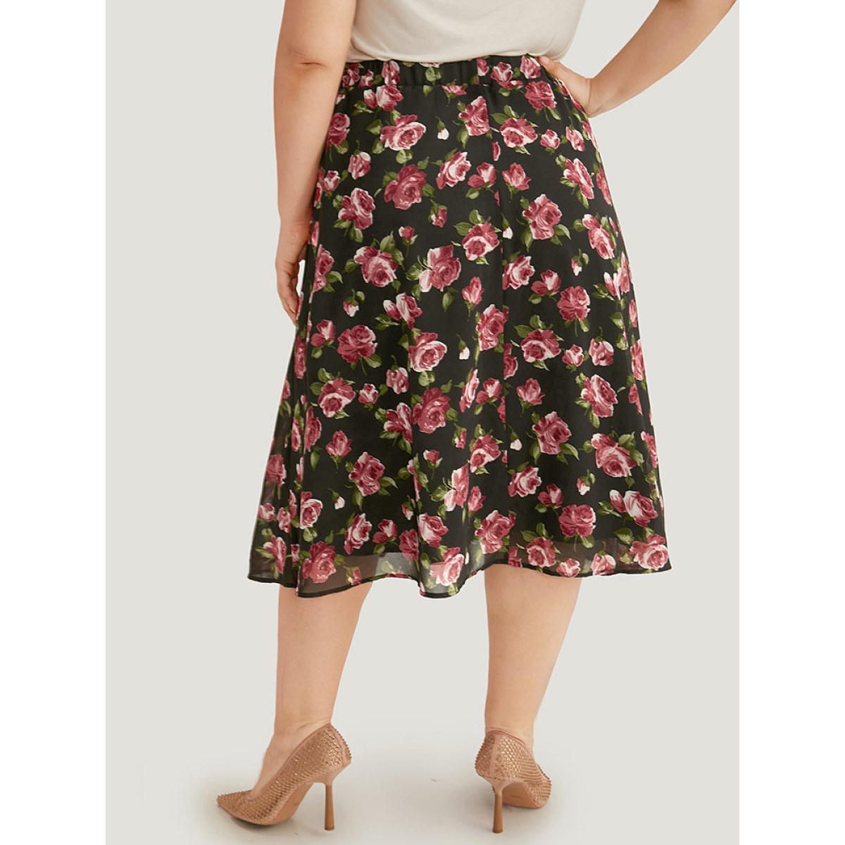Plus Size Floral Print Mesh Elastic Waist Skirt Women Black Elegant Lined No stretch Dailywear Skirts BloomChic 18-20/2X Product Image