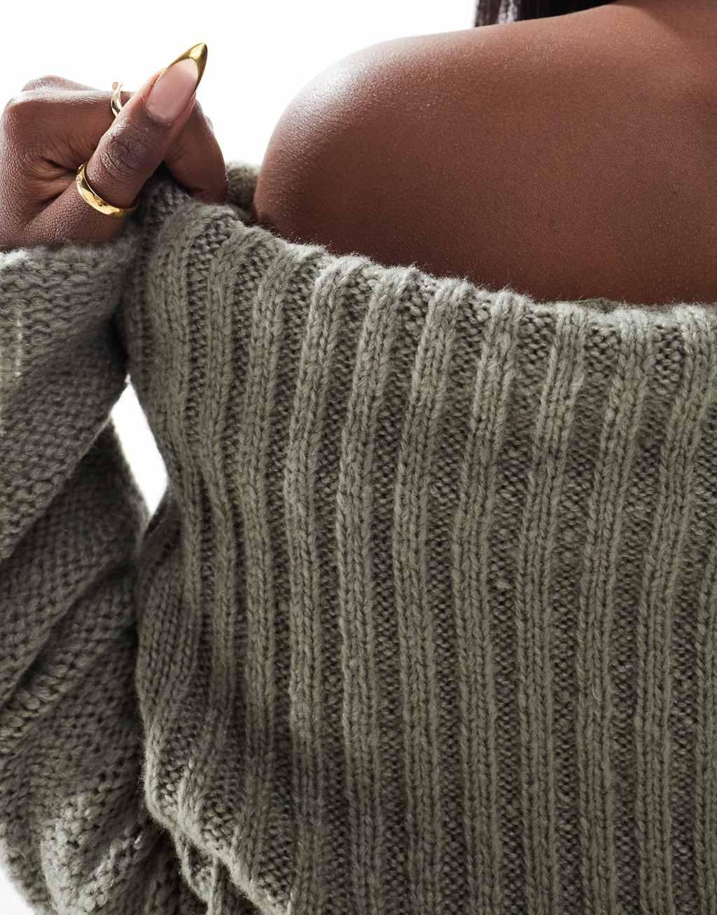 ASOS DESIGN chunky bardot rib sweater in sage Product Image