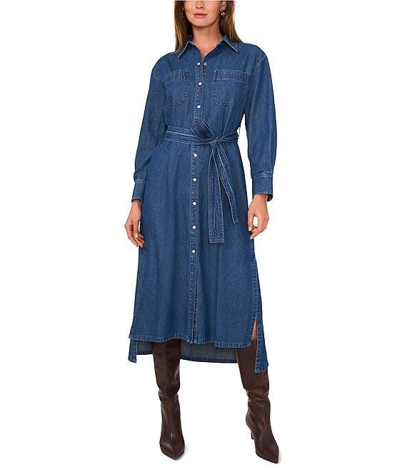 1. STATE Button Front Collared V-Neckline Long Sleeve Midi Shirt Dress Product Image