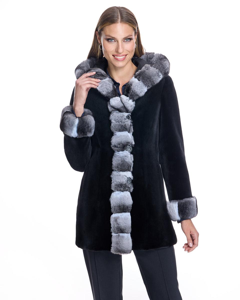 Sheared Mink Reversible Hooded Coat with Chinchilla Trim Product Image