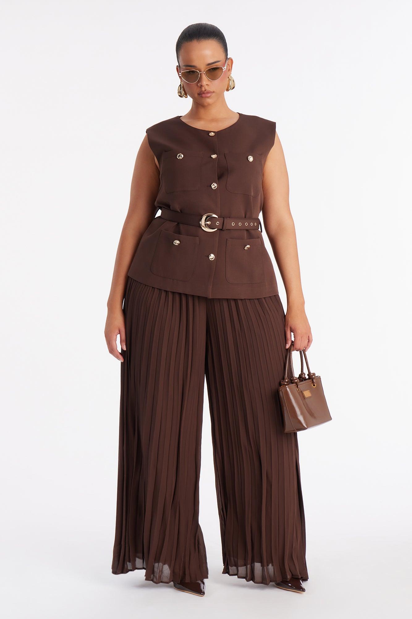 Grace Belted Vest Pant Set - Chocolate Female Product Image