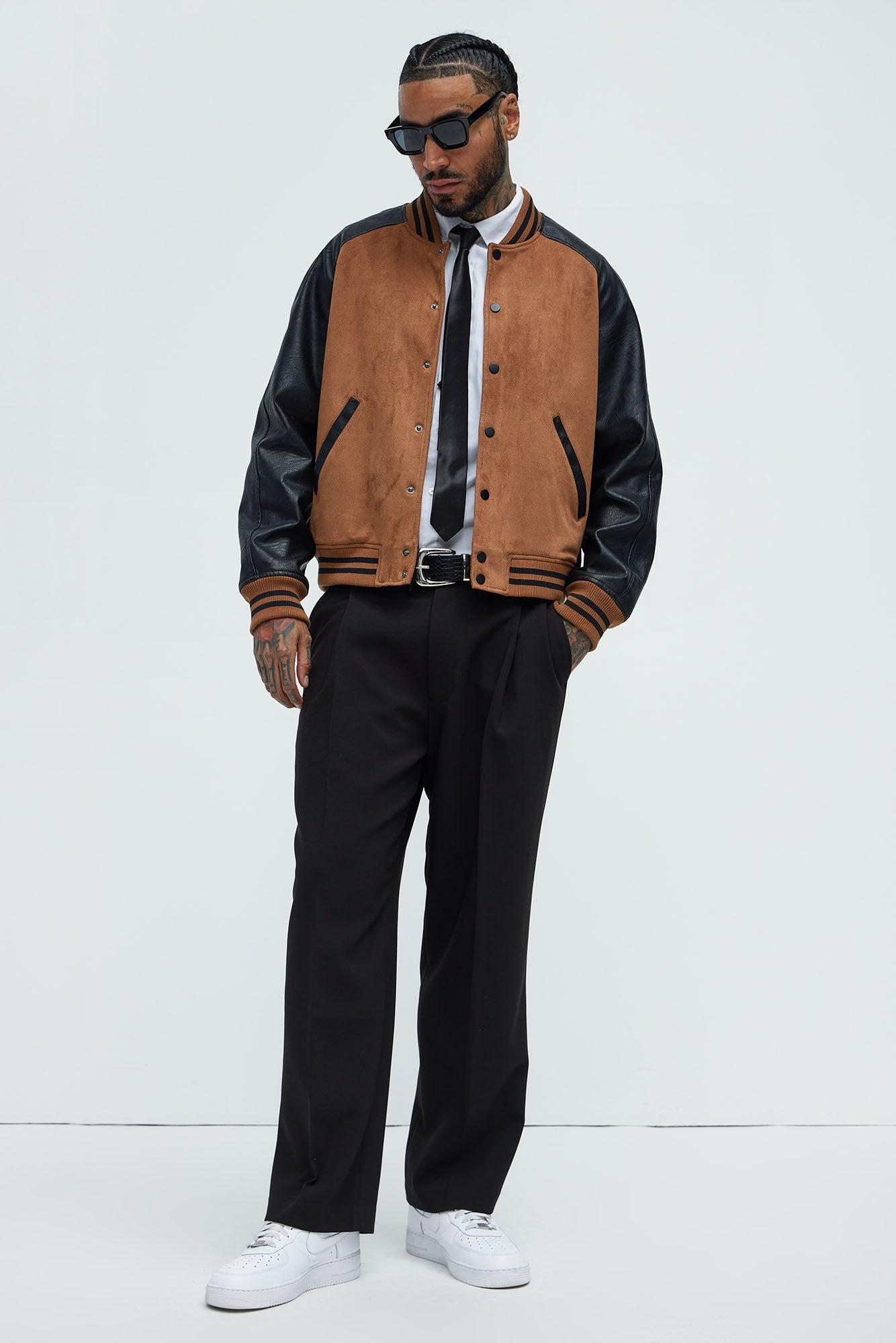 Faux Suede Raglan Varsity Jacket - Camel/combo Product Image
