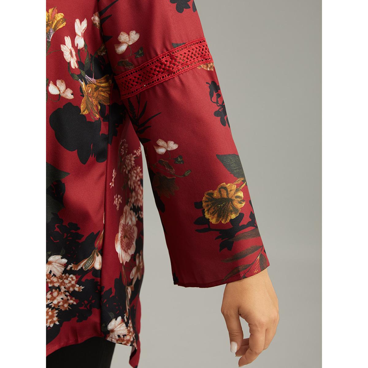 Plus Size Scarlet Floral Lace Panel V Neck Hanky Hem Blouse Women Elegant Long Sleeve V-neck Dailywear Blouses BloomChic 22-24/3X Product Image