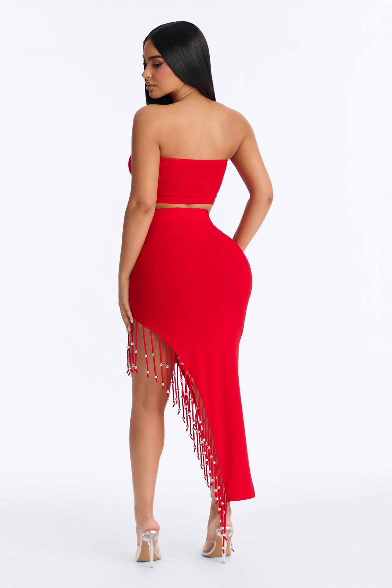 Desiree Beaded Fringe Mesh Skirt Set - Red Female Product Image