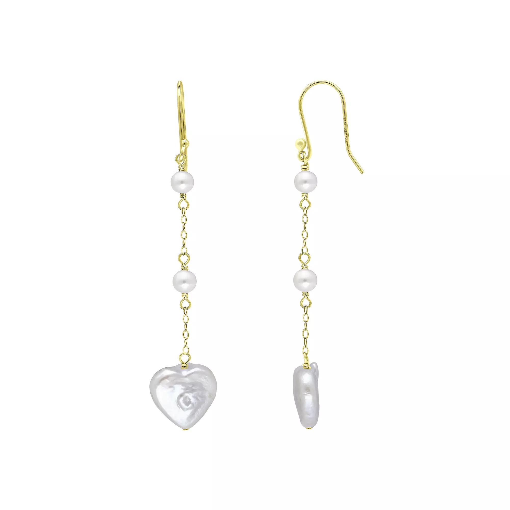 Aleure Precioso 18k Gold Over Silver Heart Shaped Freshwater Cultured Pearl Chain Drop Earrings, Women's, Gold Tone White Product Image