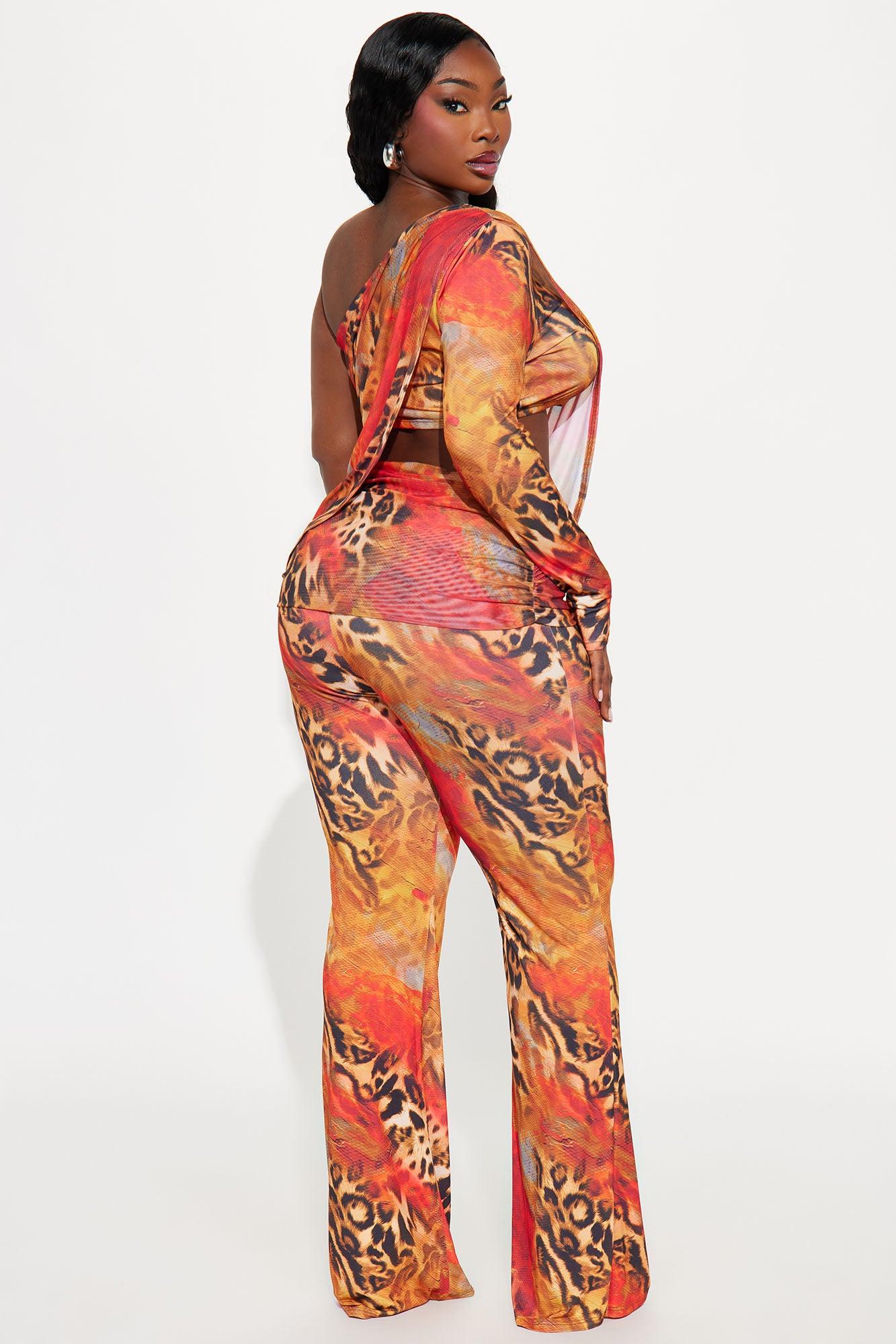 Nyla One Shoulder Leopard Pant Set - Orange/combo Female Product Image