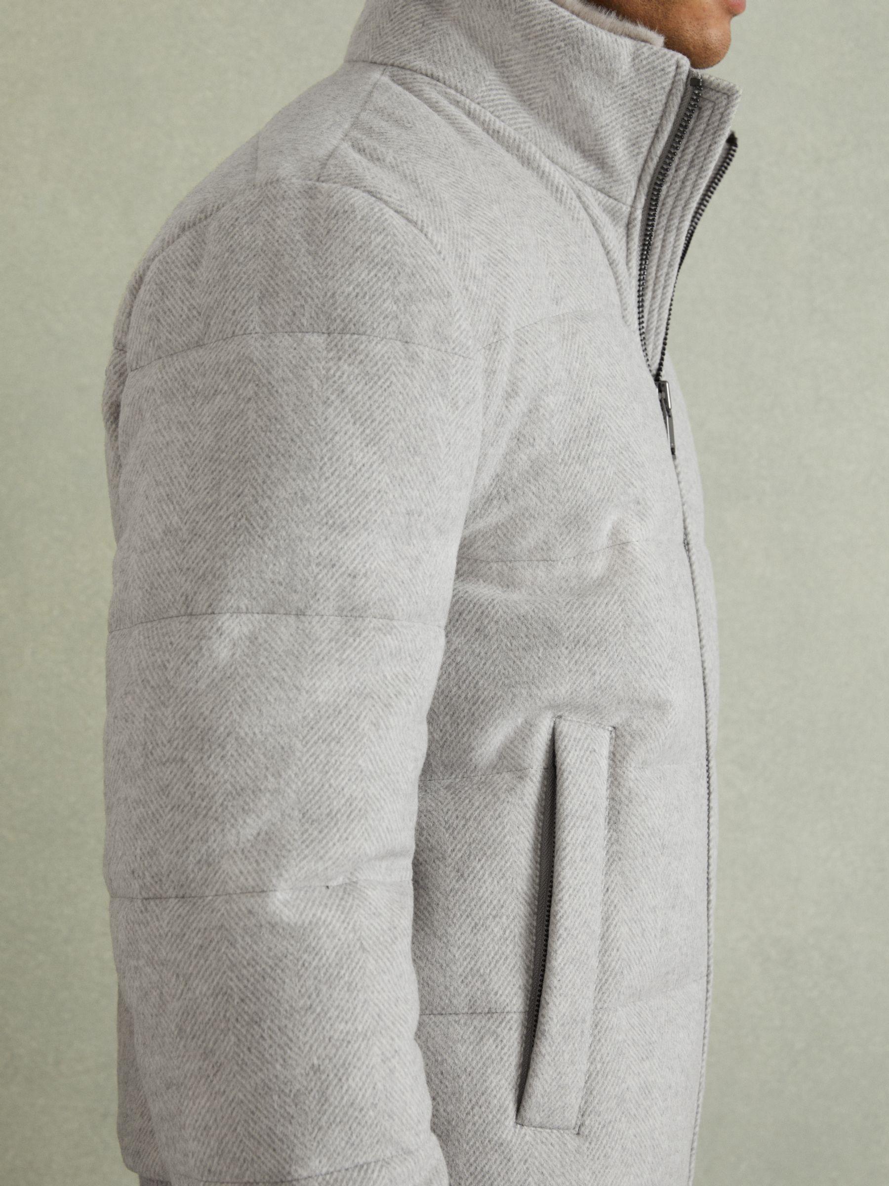 Quilted Wool-Blend herringbone and Faux-Fur Jacket in Soft Grey Melange Product Image