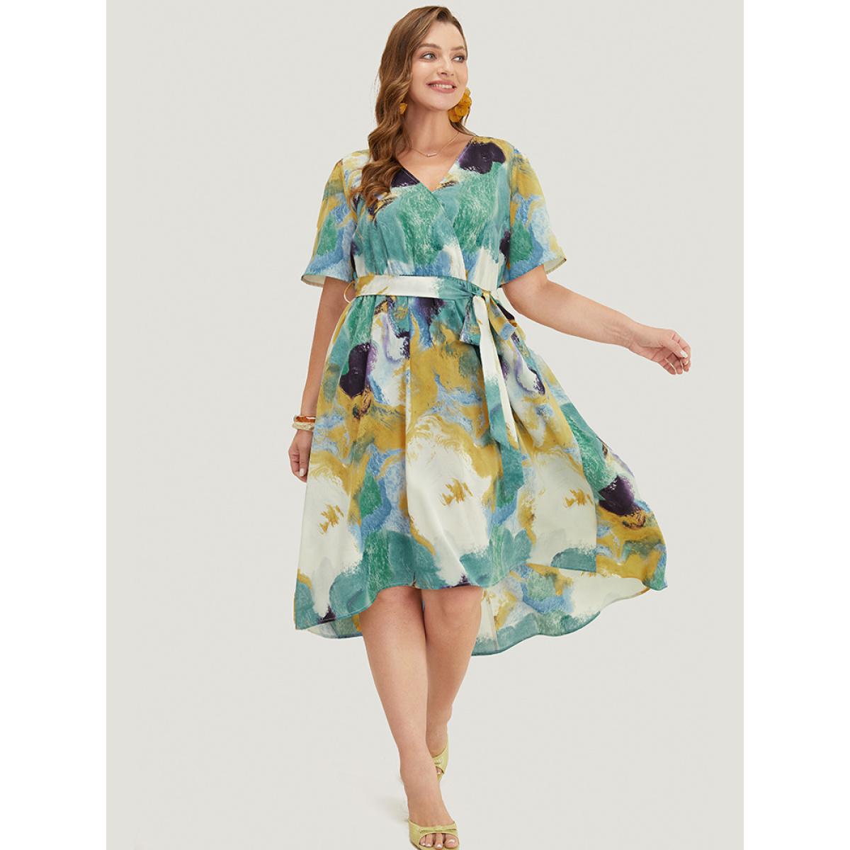 Plus Size Tie Dye Ruffle Pocket Wrap Belted High Low Dress Emerald Women Elegant Wrap V-neck Short sleeve Curvy Midi Dress BloomChic 10/M Product Image