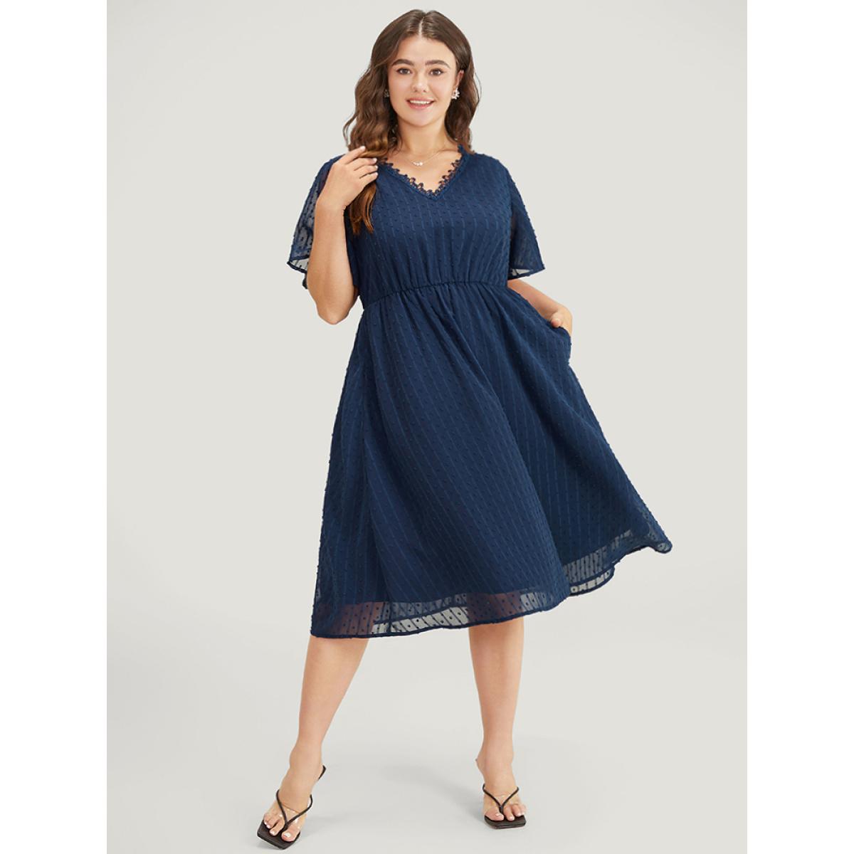 Plus Size Polka Dot Mesh Ruffle Sleeve Lace Trim Pocket Belted Dress Navy Women Elegant See through V-neck Short sleeve Curvy Midi Dress BloomChic 28/5X Product Image