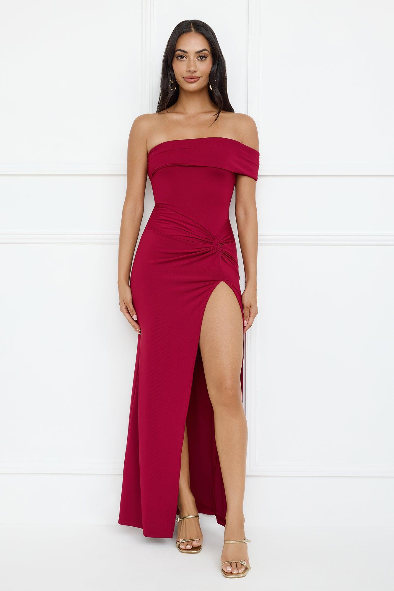 Lavish Luxe Off Shoulder Maxi Dress Burgundy Product Image