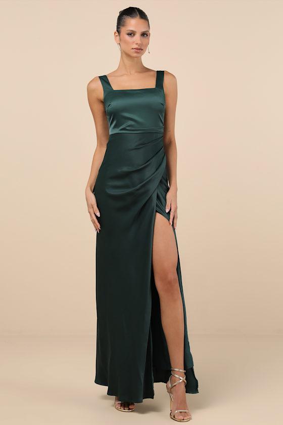 Red Carpet Romance Emerald Green Satin Square Neck Maxi Dress Product Image