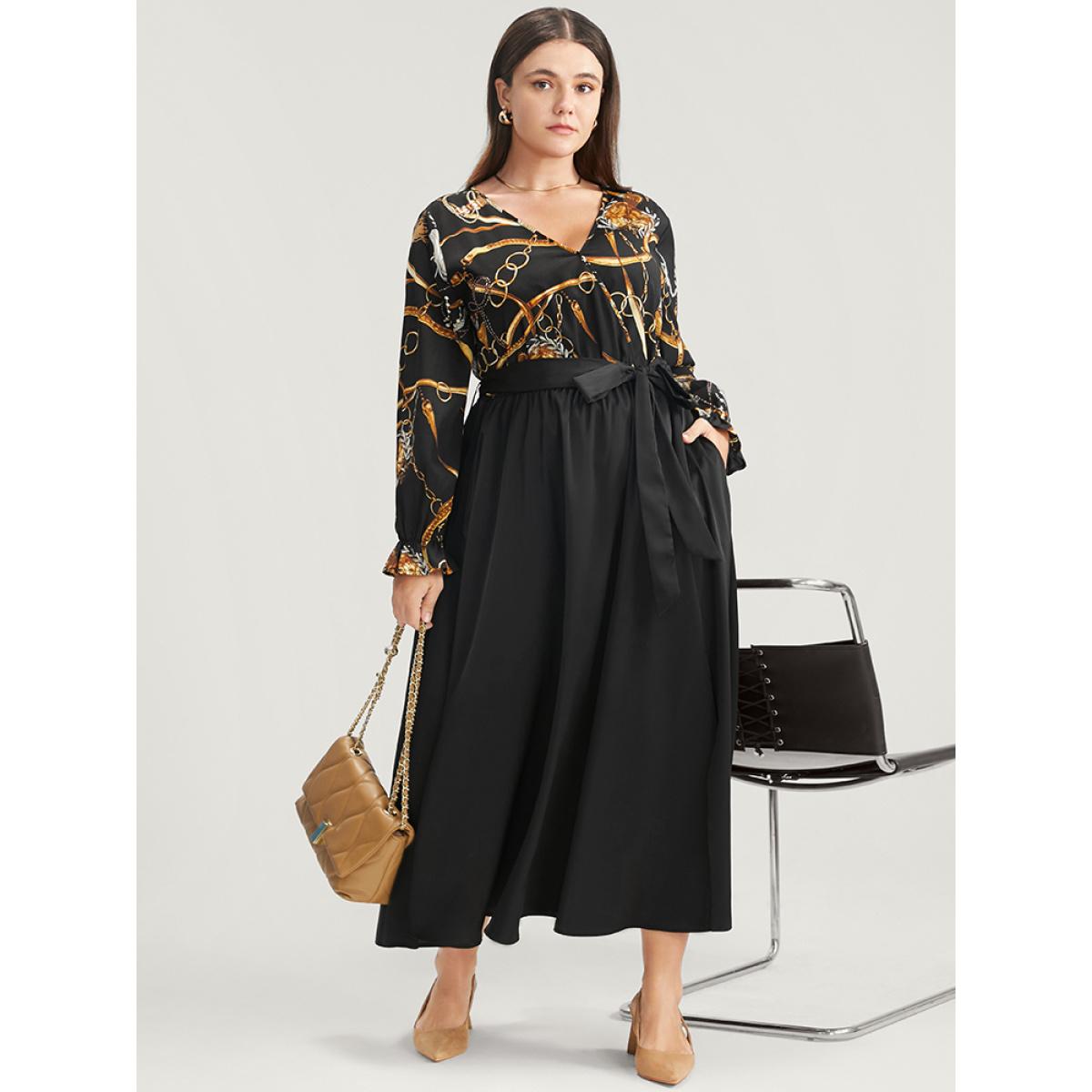 Plus Size Chain Print V Neck Pocket Lantern Sleeve Belted Split Dress Black Women Elegant Pocket V-neck Long Sleeve Curvy Midi Dress BloomChic 28/5X Product Image