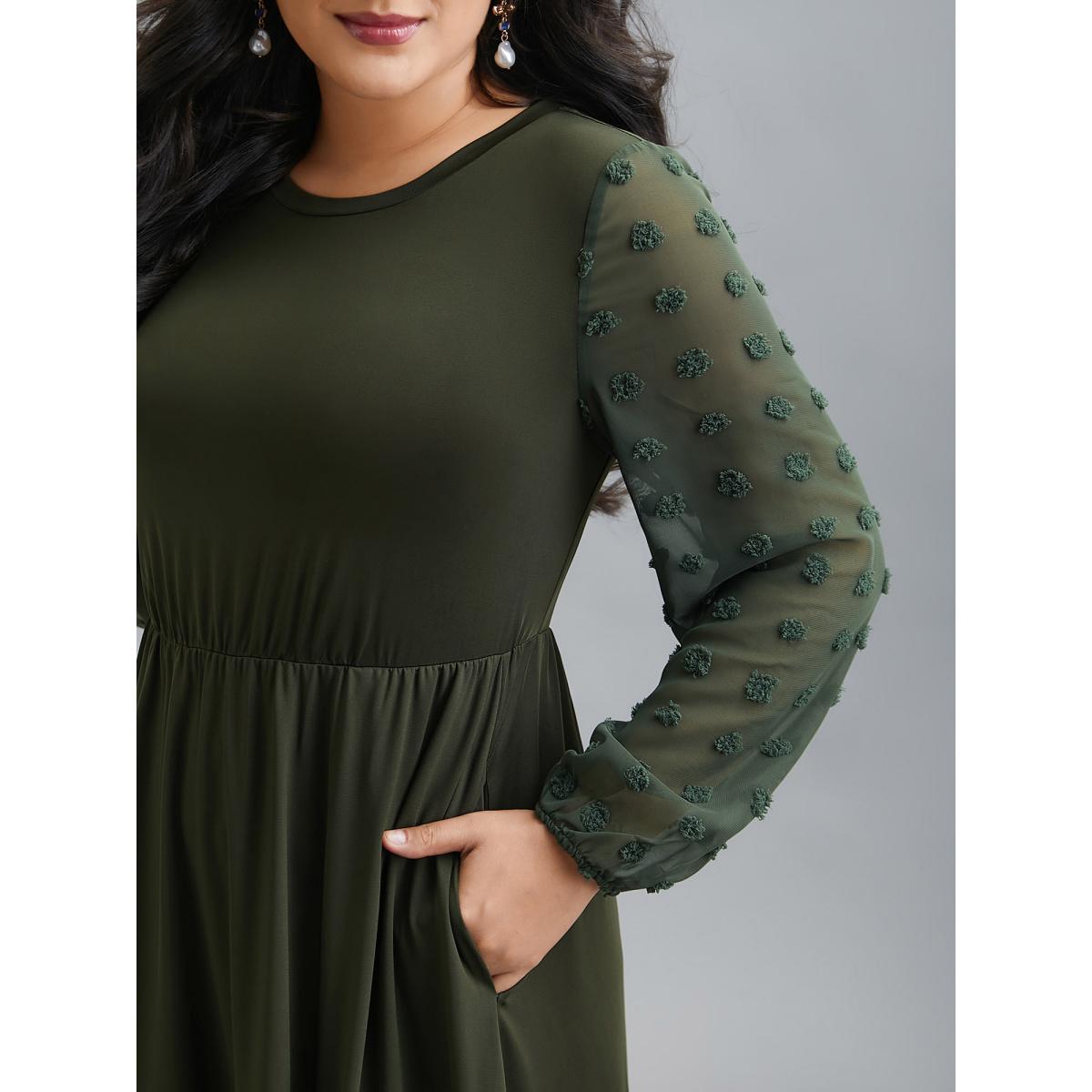 Plus Size Sheer Chiffon Textured Waist-Defined Midi Dress ArmyGreen Women Elegant Texture Round Neck Extra Long Sleeve Curvy BloomChic 28/5X Product Image