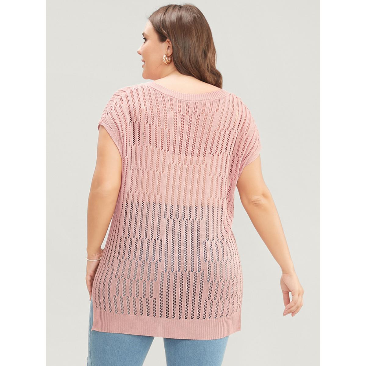 Plus Size Plain Vertical Striped Cut Out Split Hem Knit Top Coral Women Casual Sleeveless V-neck Dailywear Pullovers BloomChic 14-16/1X Product Image